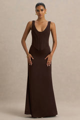 Morgan | Brown Satin Corset Maxi Dress