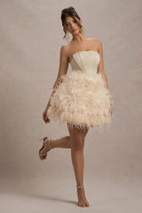 Peaches | Champagne Strapless Mini Dress With Volume Feather Hem