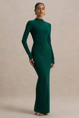 Eden | Bottle Green High-Neck Maxi Dress With Ruched Detailing