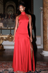 Luscious | Red High-Neck Maxi Dress With Drop-Waist And Bow Detail