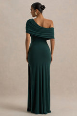 Dynasty | Dark Green Asymmetric-Neck Maxi Dress With Ruched Detailing And Front High-Split