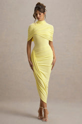 Enchant | Lemon Asymmetric Twisted Cape Midi Dress