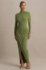 Zephyra | Olive High-Neck Wrapped Maxi Dress
