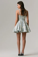 Seashell | Light Blue Jacquard Embellished Sweetheart-Neck Skater Mini Dress