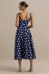 Berta | Navy And White Polka-Dot Square-Neck Midi Dress