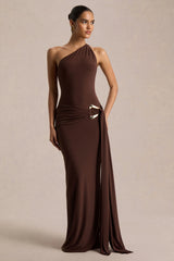 Bonnie | Brown Asymmetric-Neck Maxi Dress With Open-Back