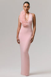 Harriet | Pink Plunge-Neck Maxi Dress With Floral Detail