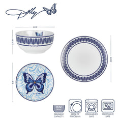 Dolly Parton Mosaic Blue Butterfly 12 Piece Dinnerware Set Service for 4