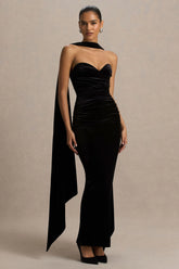 Paloma | Black Velvet Bandeau Maxi Dress With Scarf