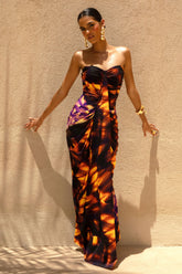 Nyra | Smoke Print Sweetheart Ruched Maxi Dress