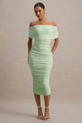 Rayleigh | Light Green Bardot Ruched Midi Dress