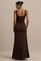 Morgan | Brown Satin Corset Maxi Dress