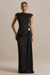 Influence | Black Satin Slashed-Neck Maxi Dress With Embellished Detail And Sash