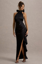Maureen | Black Satin High-Neck Draped Maxi Dress