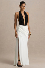 Tilly | Black And White Extreme-Plunge Neck Maxi Dress With Wrap And Ruched Details