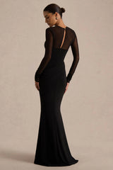 Deema | Black Jersey And Mesh High Neck Maxi Dress