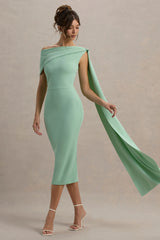 Niamh | Sage Asymmetric Midi Dress With Drape