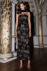 Cora | Winter Floral Embellished Mesh Bandeau Maxi Dress With Scarf