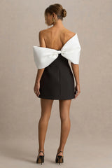 Tindra | Black And White Satin Bandeau-Neck Mini Dress With Bow Sleeves