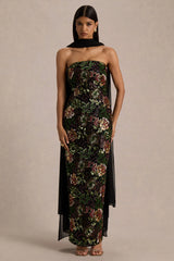 Cora | Winter Floral Embellished Mesh Bandeau Maxi Dress With Scarf