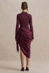 Raffie | Plum Long-Sleeve Midi Dress With Satin Wrap Skirt