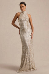 Tulia | Champagne Sequin High-Neck Maxi Dress