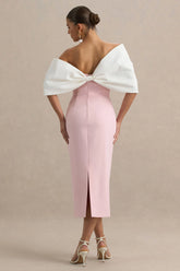 Lucille | Rose & Pink Asymmetric Bardot Midi Dress With Bow Detail