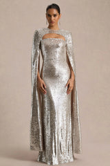 Devora | Silver Sequin Crew-Neck Maxi Dress With Cape Sleeves