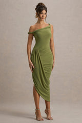Angelique | Olive Green Twisted Asymmetric Maxi Dress