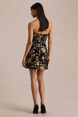 Valeri | Black Velvet Bandeau Mini Dress With Bronze Floral Sequin Embellishment