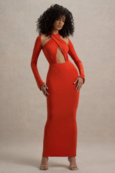 Gita | Orange Halter-Neck Long-Sleeve Maxi Dress