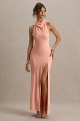 Priero | Peach Cowl Halter-Neck Open Back Maxi Dress