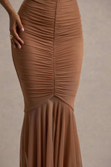 Talisa | Mocha Bandeau Ruched Maxi Dress With Mesh Fishtail