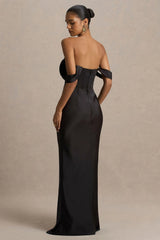 Perenna | Black Satin Sweetheart-Neck Maxi Dress With Draped-Sleeves