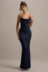 Gia | Navy Satin Cowl-Neck Maxi Dress