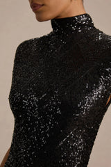 Cecy | Black Sequin High-Neck Maxi Dress With Cap Sleeves