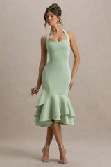 Arla | Light Green Halter Neck Ruffle Trim Midi Dress