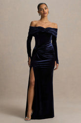 Countess | Navy Velvet Bardot-Neck Wrapped Maxi Dress With Front-High Split