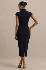 Elsie | Navy Cut-Out Neck Midi Dress With Short Sleeves