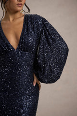 Kaelin | Navy Sequin Plunge-Neck Maxi Dress