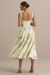 Lissa | Lemon Floral Bouquet Print Square-Neck Midi Dress