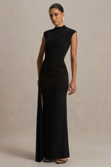 Solene | Black High-Neck Maxi Dress With Wrap And Drape Detail