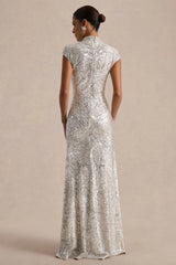 Cecy | Silver Sequin High-Neck Maxi Dress With Cap Sleeves