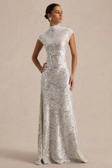 Cecy | Silver Sequin High-Neck Maxi Dress With Cap Sleeves