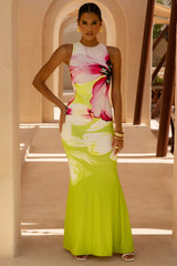 Marlo | Lime Floral Print High-Neck Maxi Dress