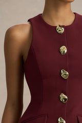 Belony | Dark Plum Crew-Neck Mini Dress With Button Detailing