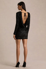 Mercedes | Black Sequin Boat-Neck Mini Dress With Draped Detail And Open Back