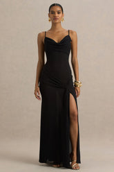 Virtue | Black Cowl-Neck Fishtail Maxi Dress With Split
