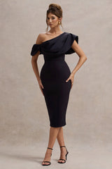 Adrina | Navy Draped One Shoulder Midi Dress