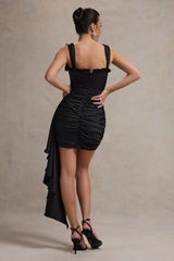 Lesina | Black Satin Ruched Corset Mini Dress With Drape